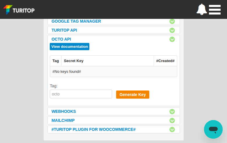 OCTO API section — empty keys table