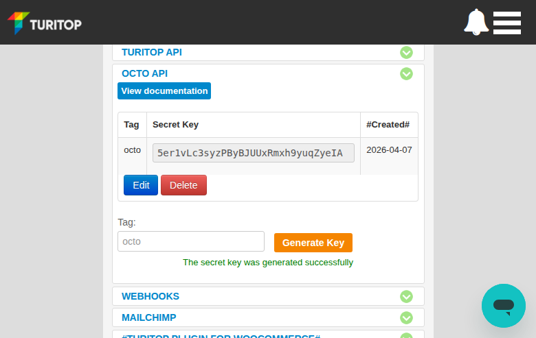 OCTO API key generated successfully
